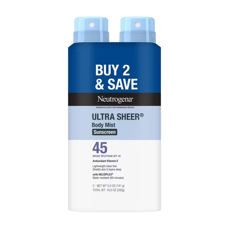 Neutrogena Ultra Sheer Spray - Twin Pack - SPF 45: Noncomedogenic, PABA-Free, Face and Body Use