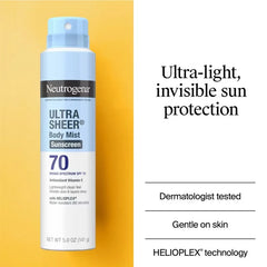 Neutrogena Ultra Sheer Sunscreen Spray, SPF 70, 5oz: Face & Whole Body Protection, Noncomedogenic, Oil & Oxybenzone-Free